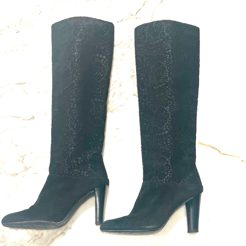 Elegant Stuart Weitzman black suede, Sz 8.5,  laser cut accent boots.